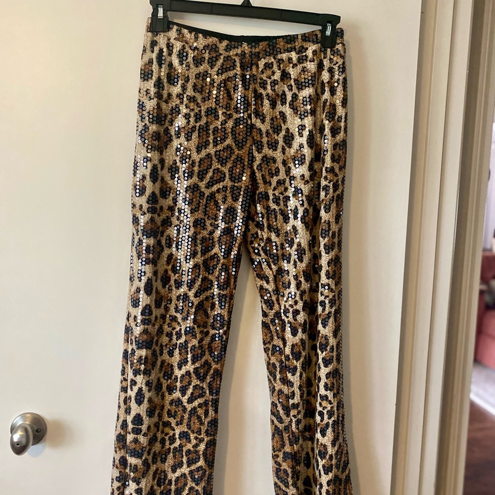 Sequin Leopard Print Wide-Leg Pants - Gold/Black